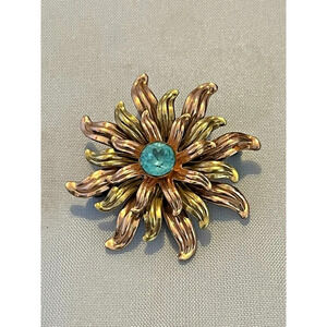 Signed Van Dell 1/20 12K Gold Filled Flower Pin Brooch Rose Yellow Blue Stone
